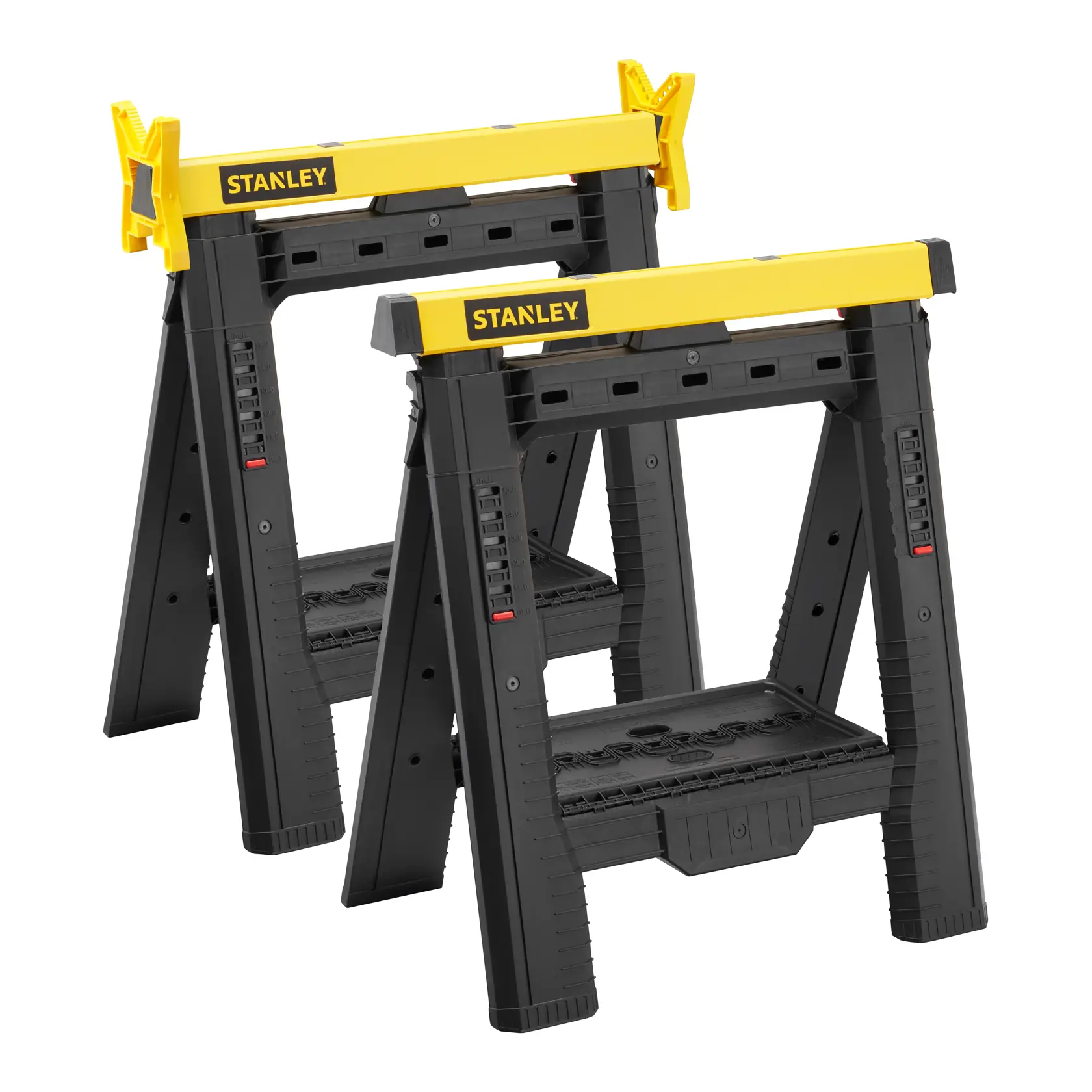 STANLEY STST1-70559 sawhorse set, black and yellow, front angle, durable plastic construction.