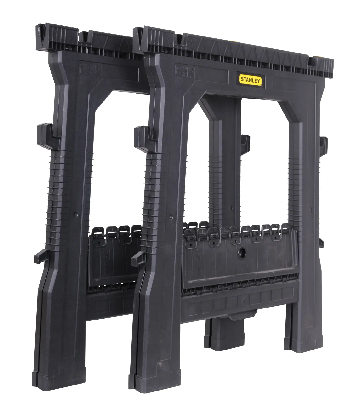 STANLEY STST1-70713 folding plastic sawhorse pair, black, side angle, white background.