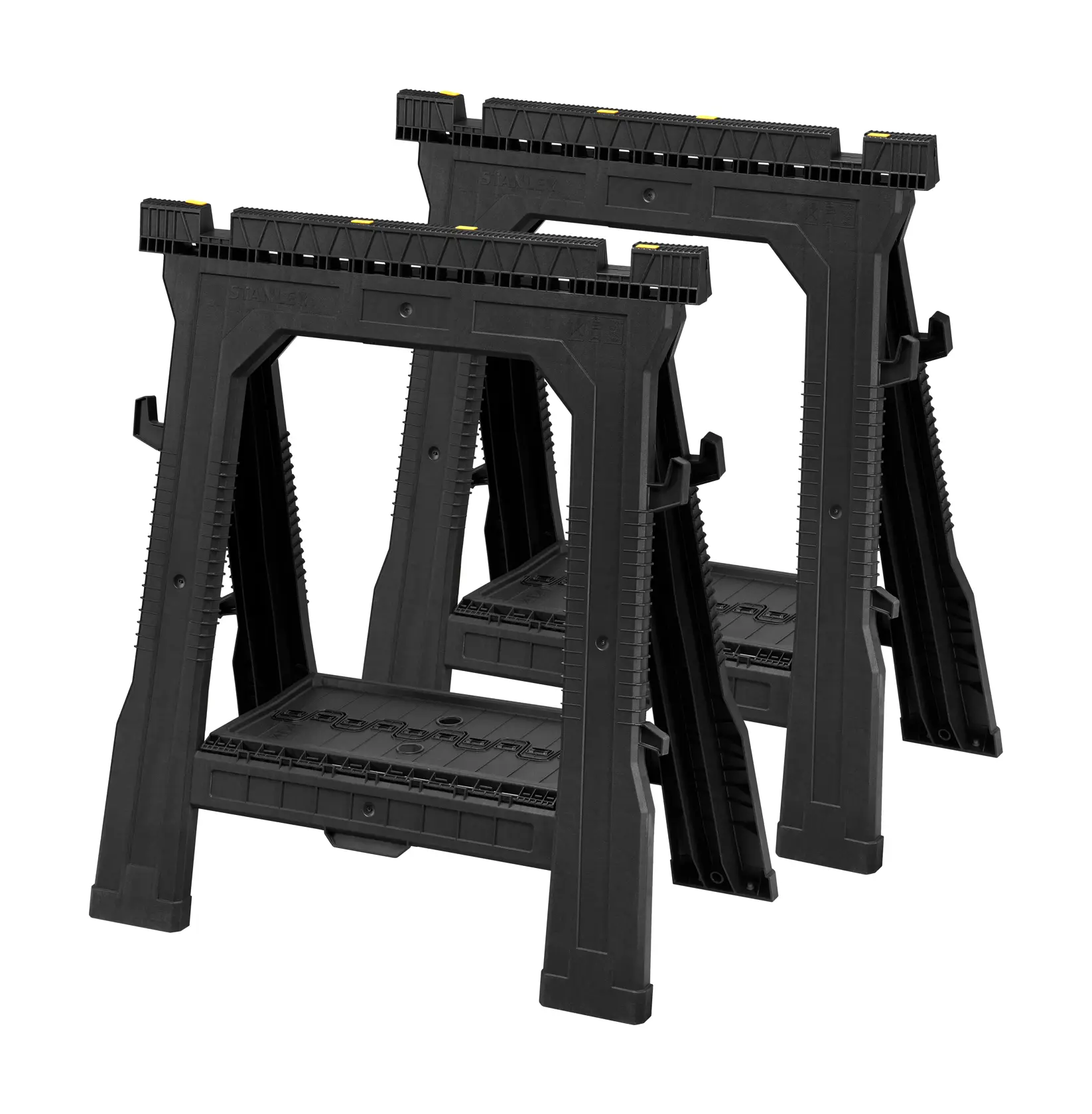 STANLEY STST1-70713 black plastic folding sawhorses, set of two, front angle, white background.