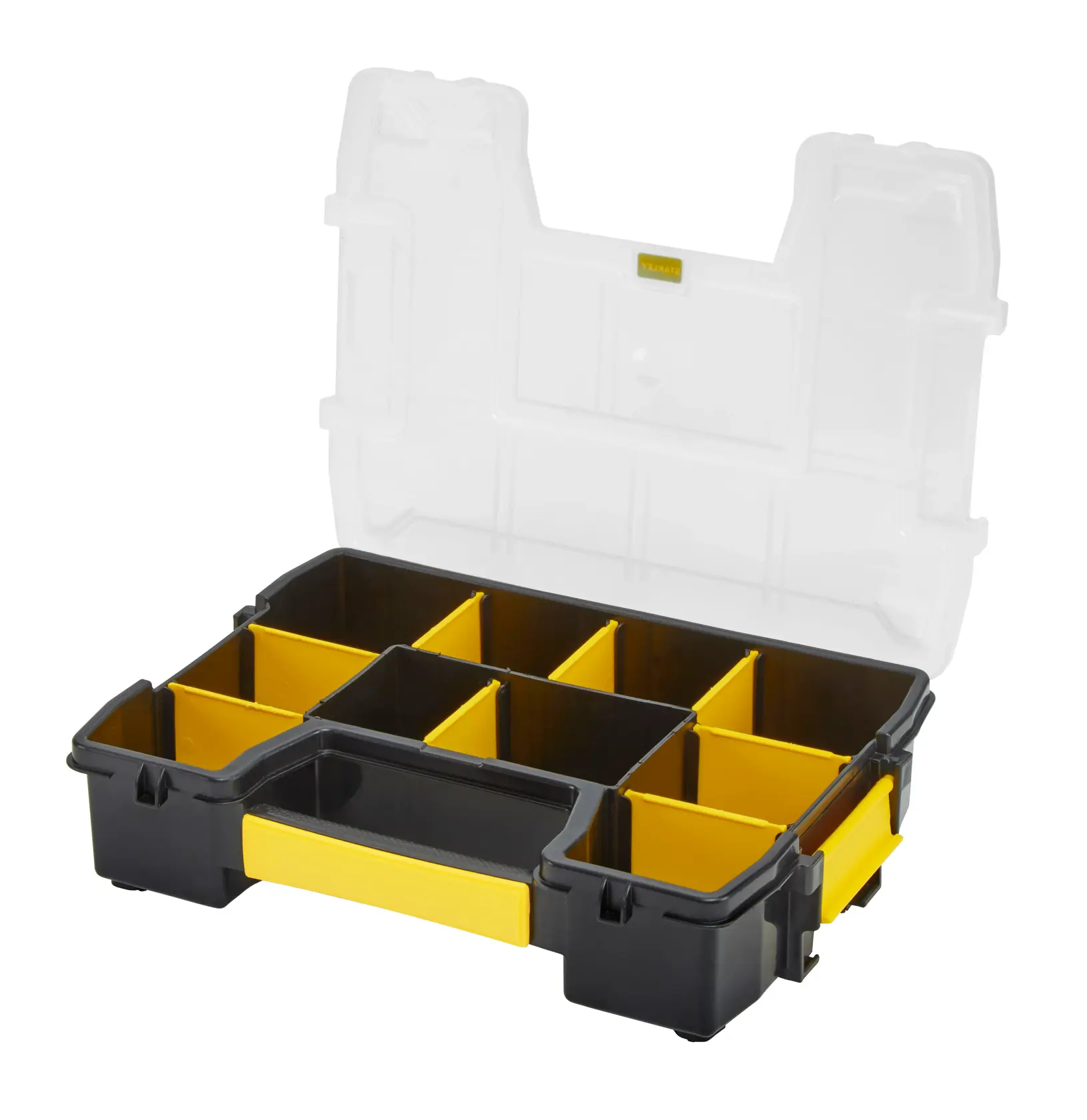STANLEY STST1-70720 organizer box with yellow handle and compartments, open lid, front angle.