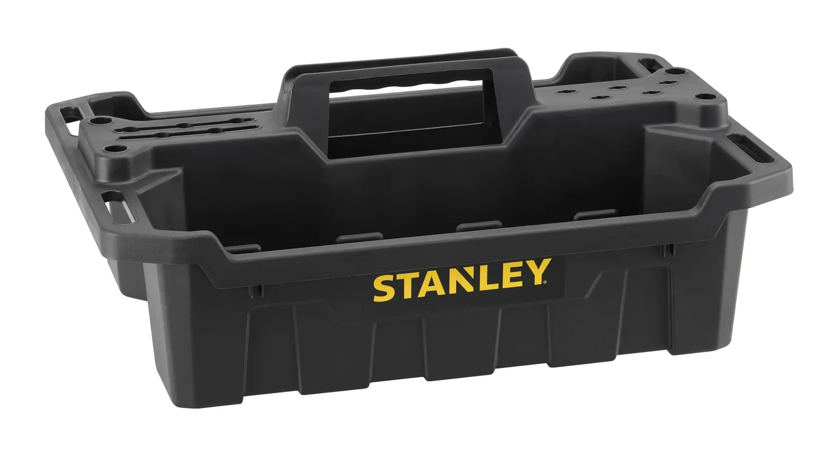 Photo of STANLEY STST1-72359 black plastic tool tote with central handle, open top, and yellow STANLEY logo, front angle.