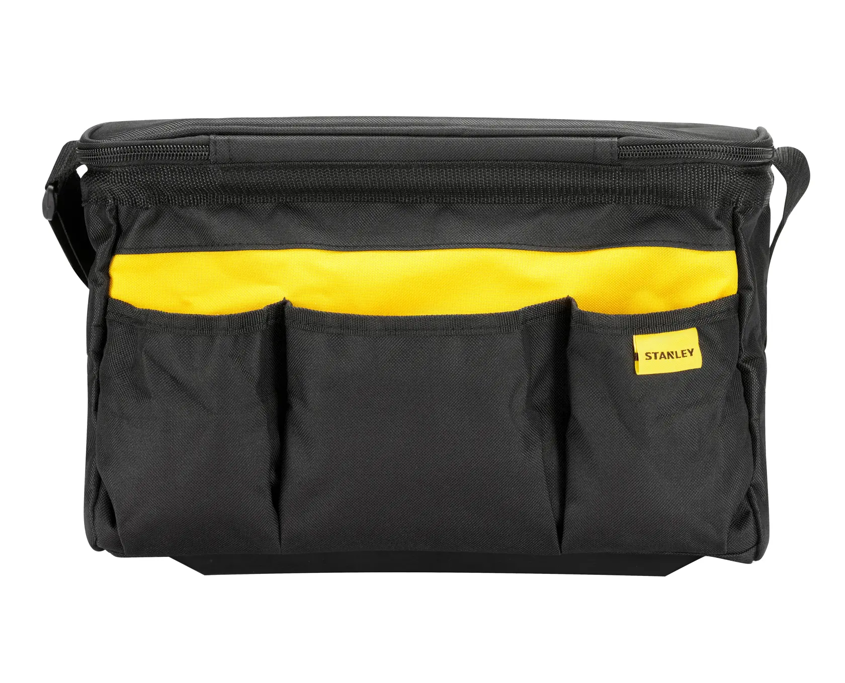 STANLEY STST1-73615 tool bag, photography with front view, black fabric with yellow accent and multiple pockets.