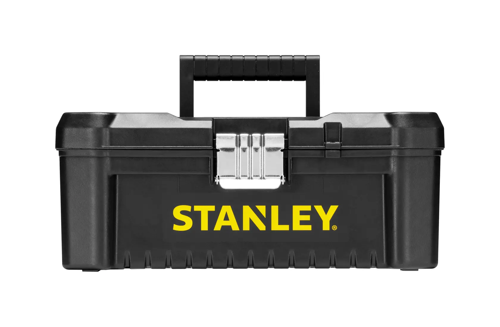 STANLEY STST1-75515, STST1-75515-KR black toolbox front view, yellow logo, metal latch, plastic handle.