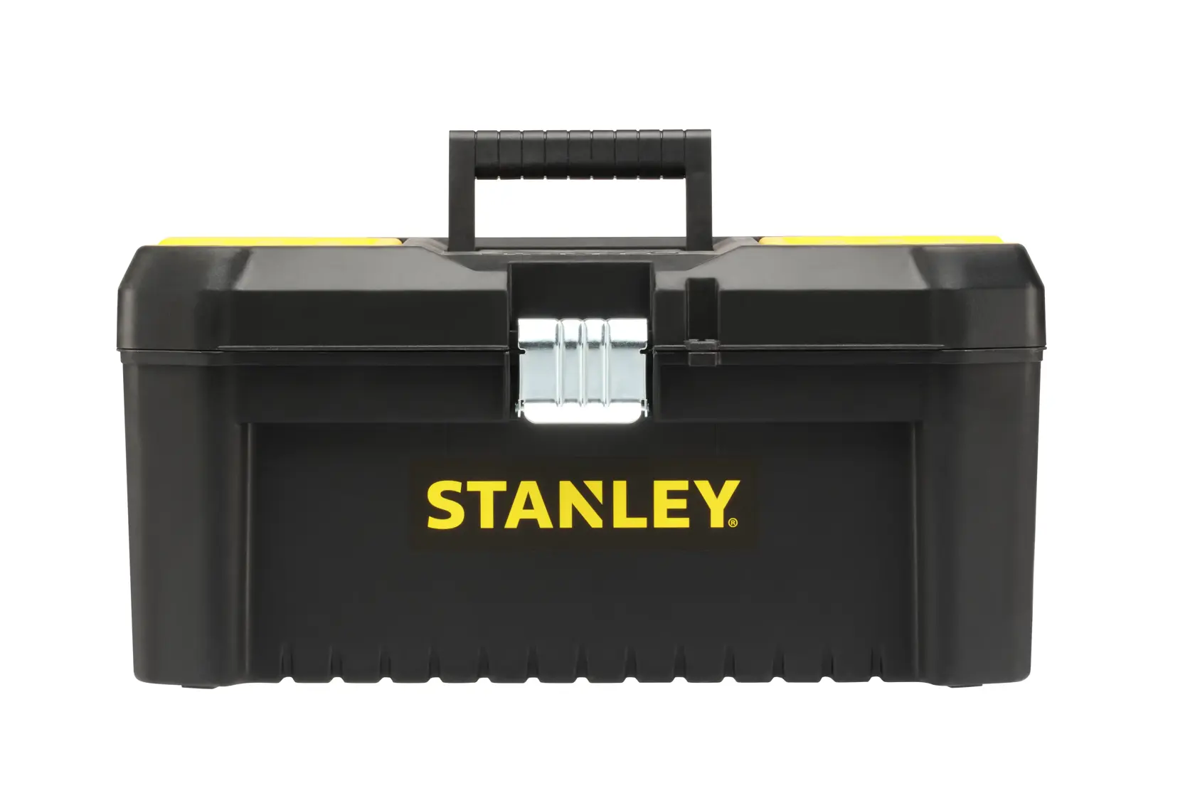 STANLEY STST1-75518-KR black toolbox with yellow logo, front angle, metal latch, photography.