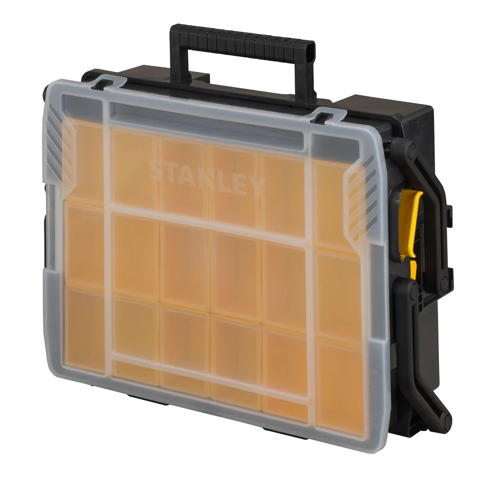 STANLEY STST1-75540 organizer case, black and yellow, front angle, clear lid with internal compartments.