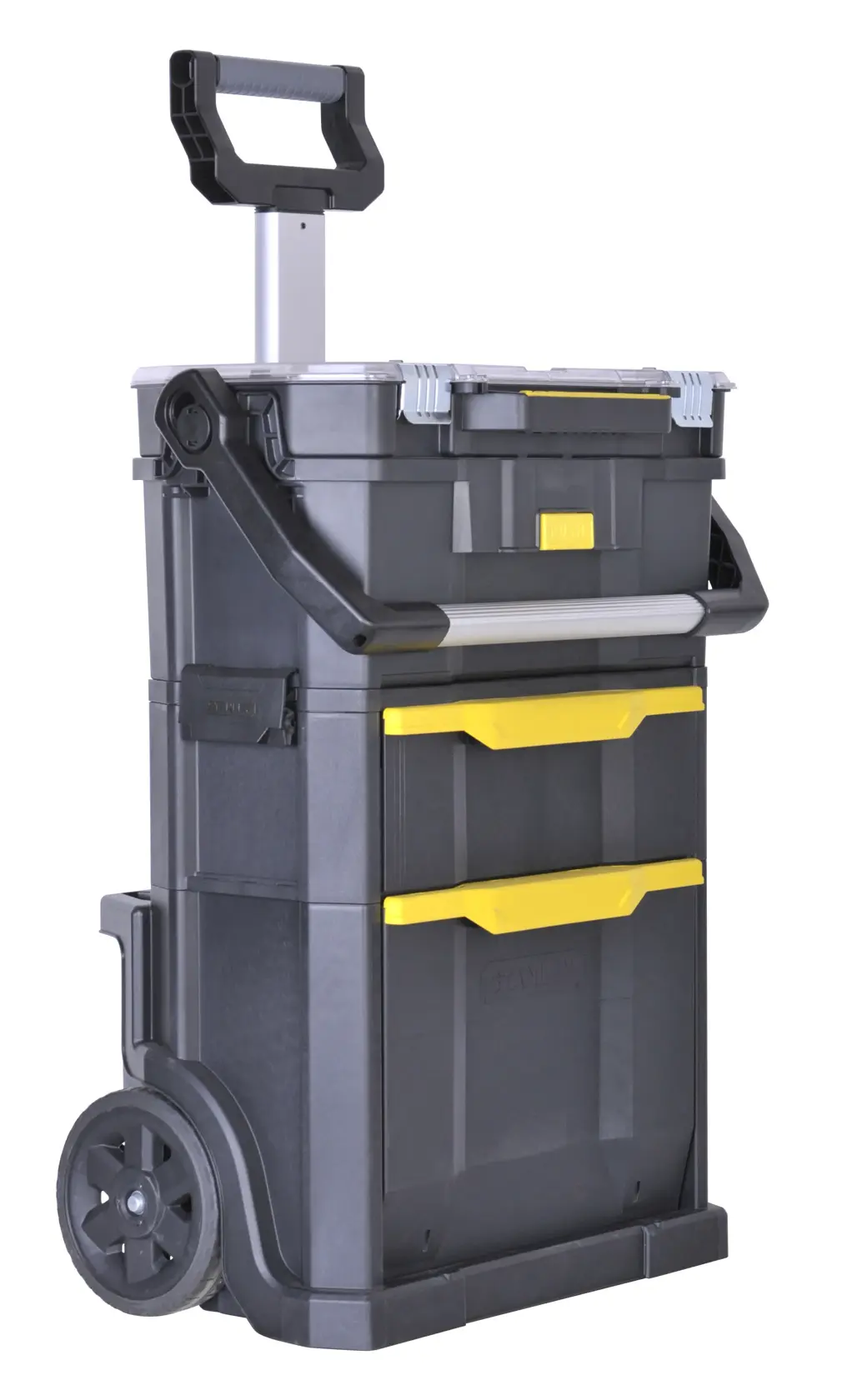 STANLEY STST1-79231 rolling tool chest with yellow drawers, black and gray, front angle photo.
