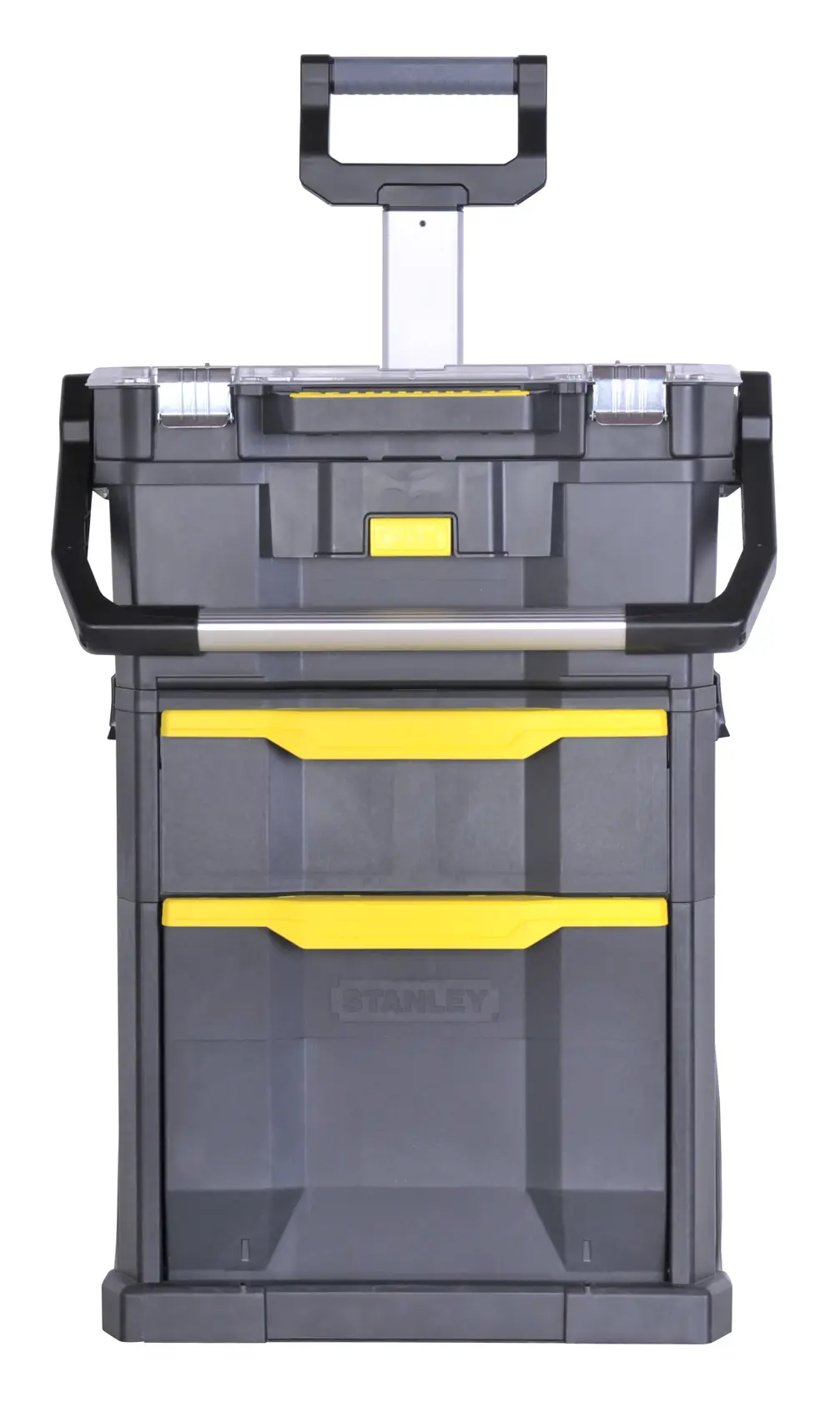Stanley rolling tool chest with two drawers and telescopic handle, grey body with yellow accents.