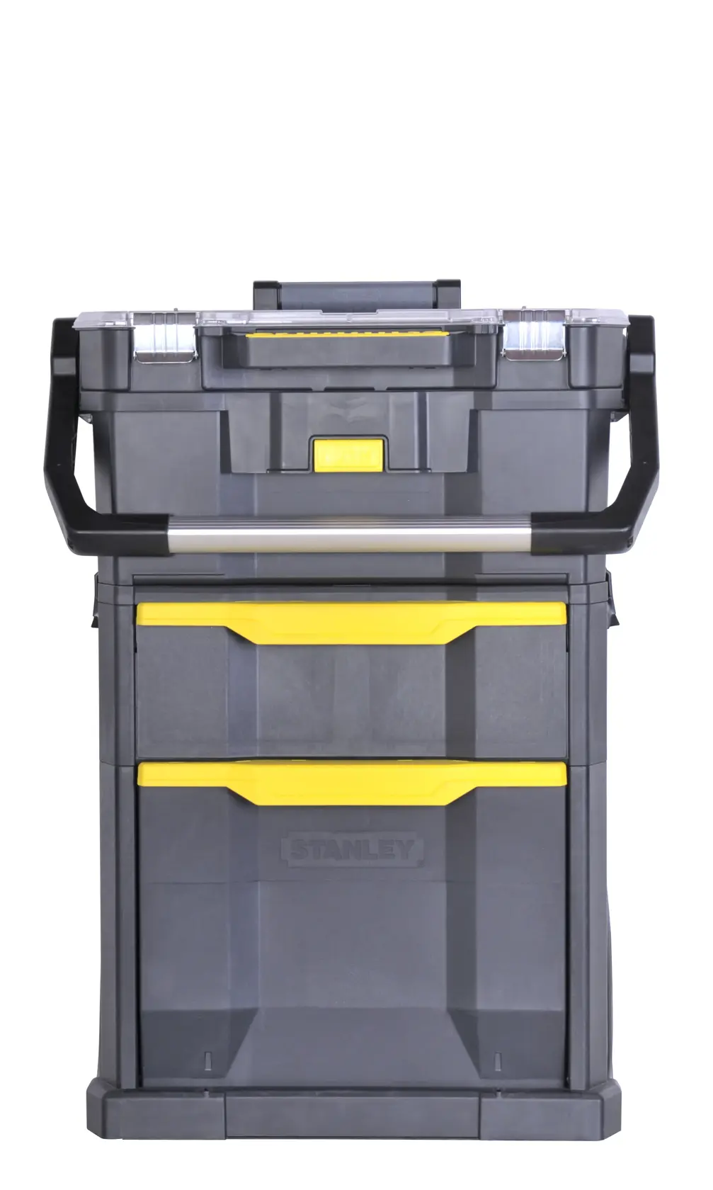 STANLEY STST1-79231 tool storage box, black and yellow, front angle, white background.