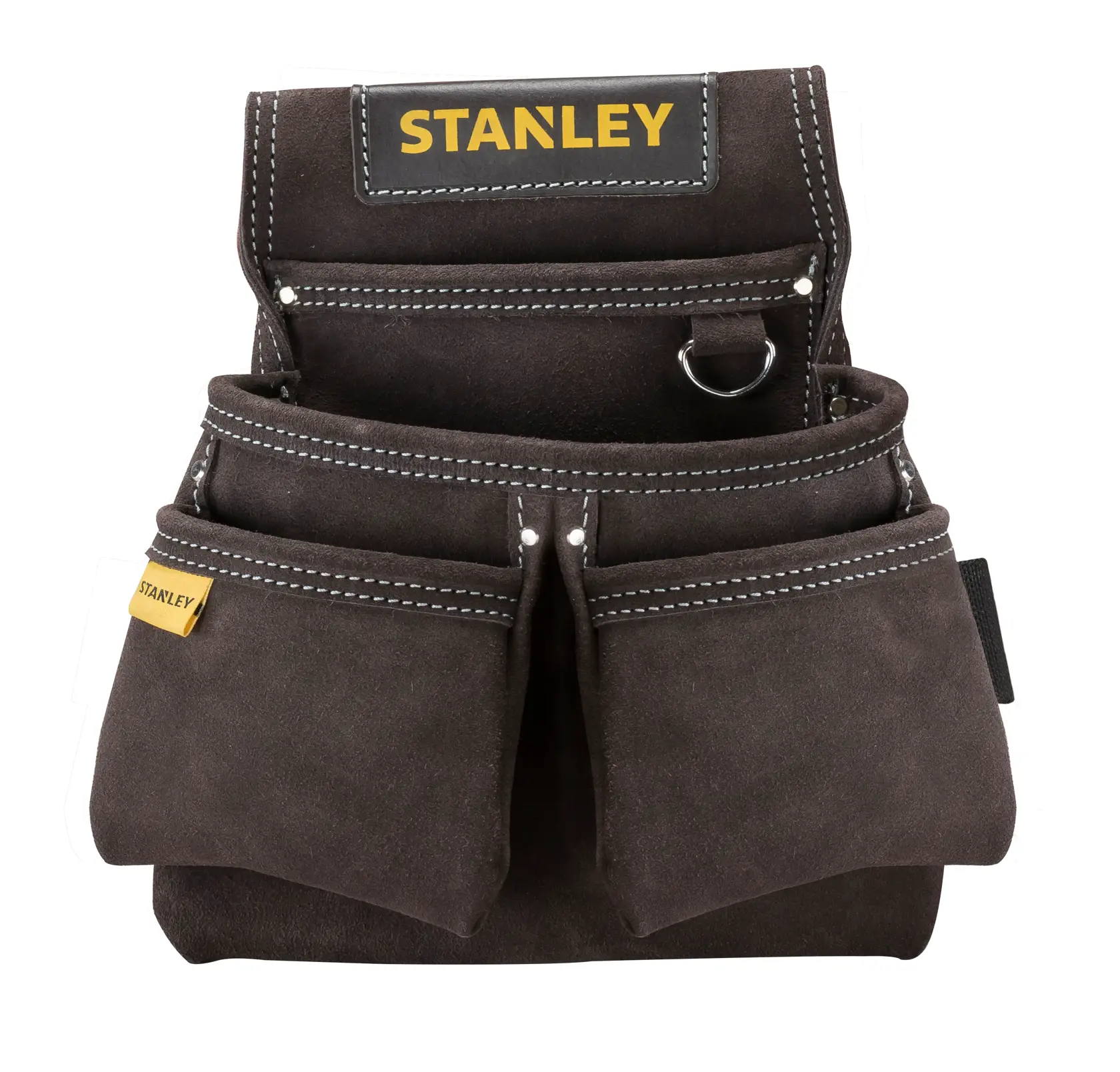 STANLEY STST1-80116 brown suede tool pouch, front view, white background.