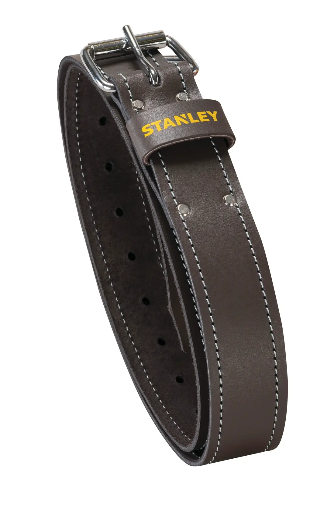 STANLEY STST1-80119 brown leather belt with silver buckle, product photo on white background.