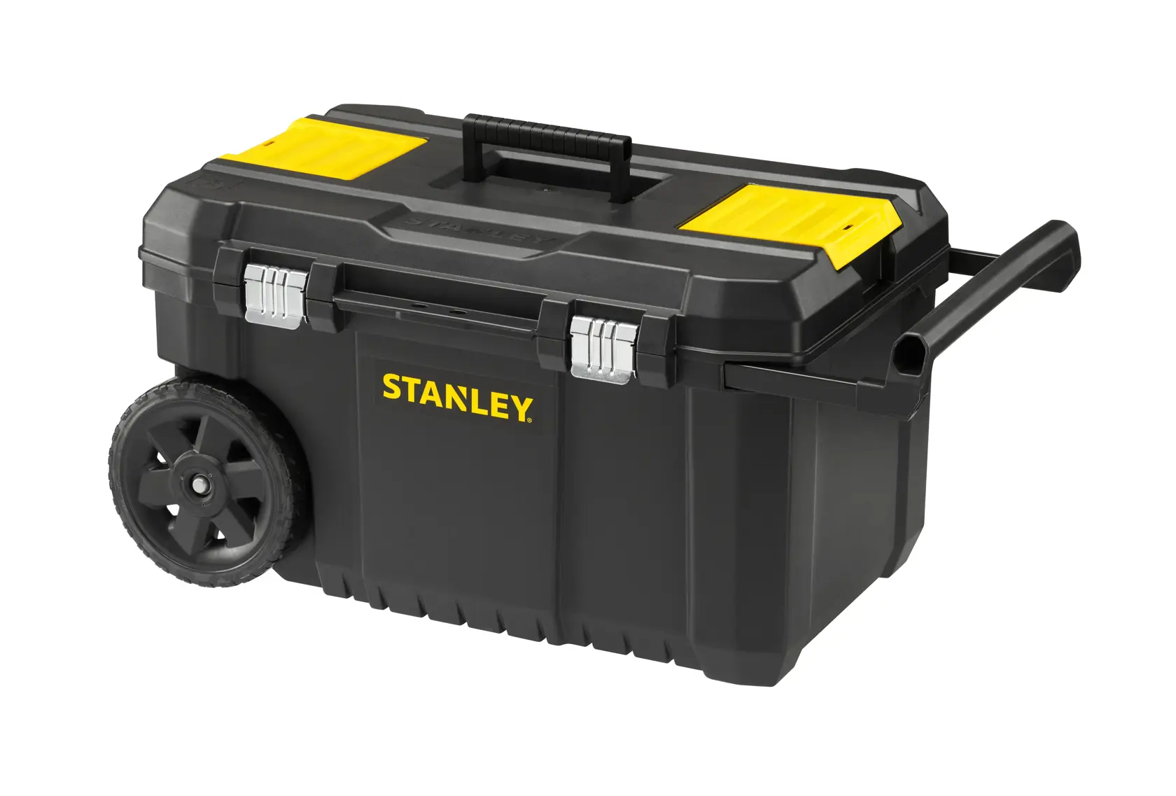 STANLEY STST1-80150 rolling black toolbox with yellow accents and side handle, shown in three-quarter angle.