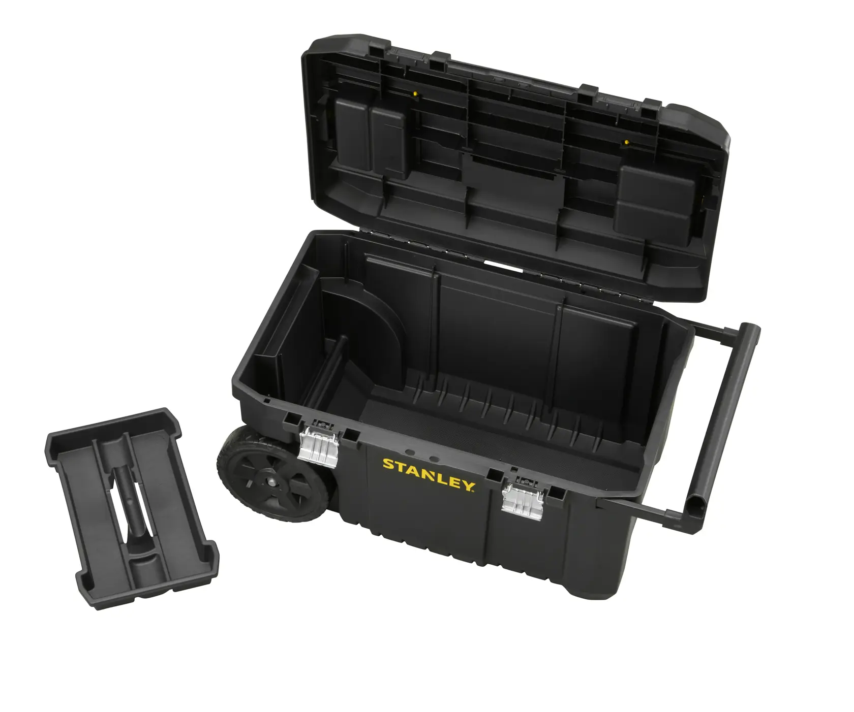 STANLEY STST1-80150 black rolling toolbox with open lid and removable tray, shown from above on white background.