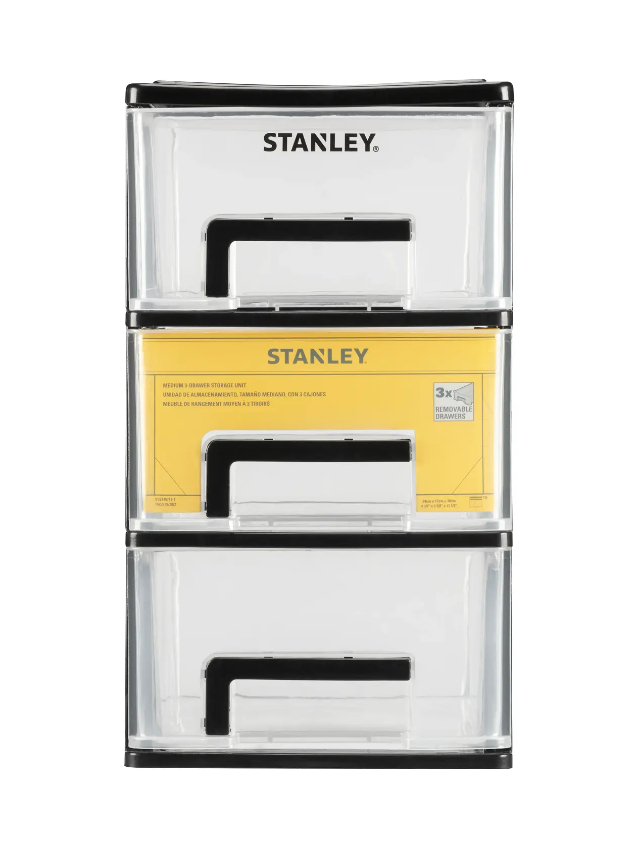STANLEY STST40711-1 medium storage drawers unit, clear plastic, black trim, front angle.