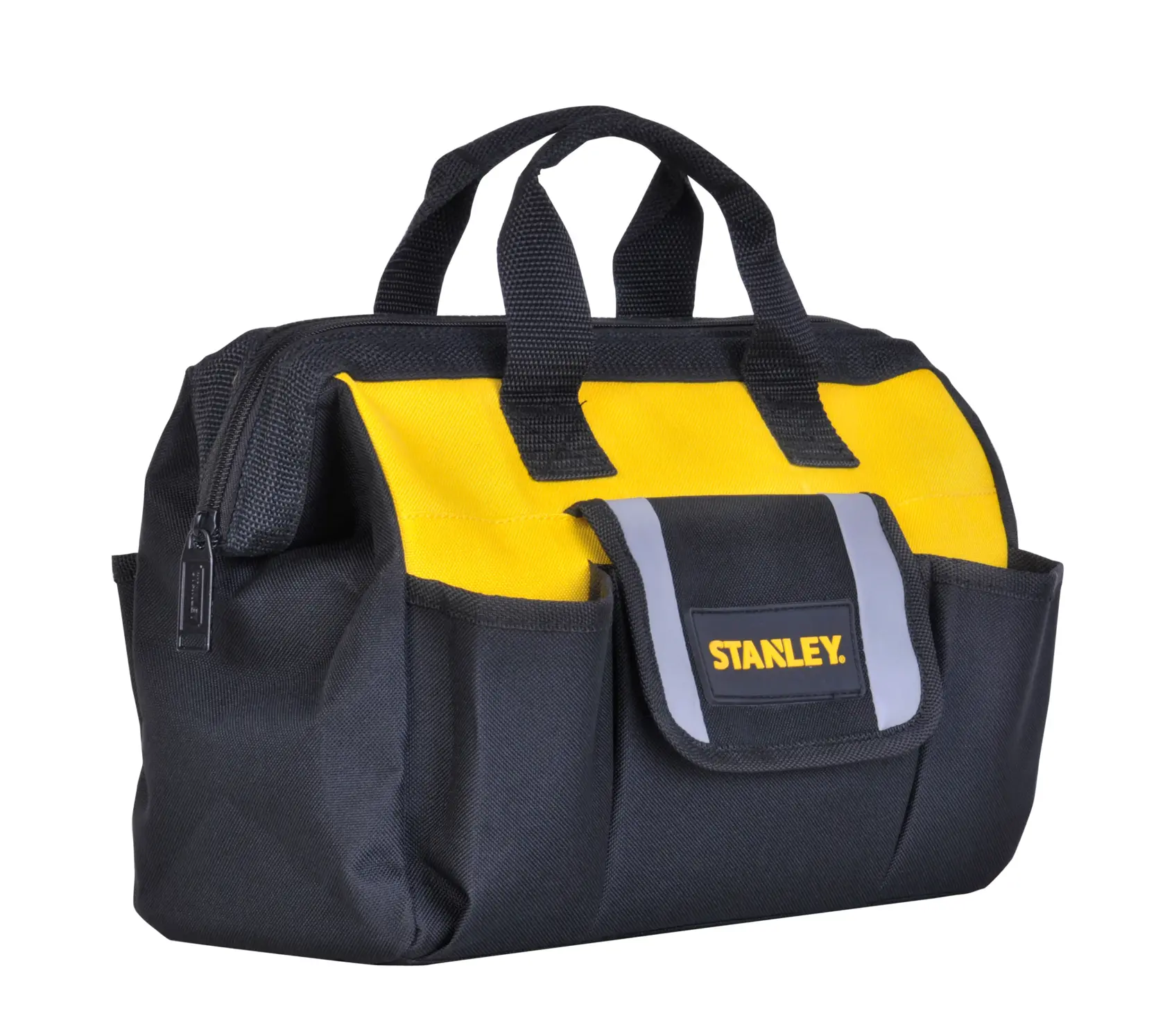 STANLEY STST512114 tool bag, black and yellow fabric, front angle, zippered top, front pocket with logo.
