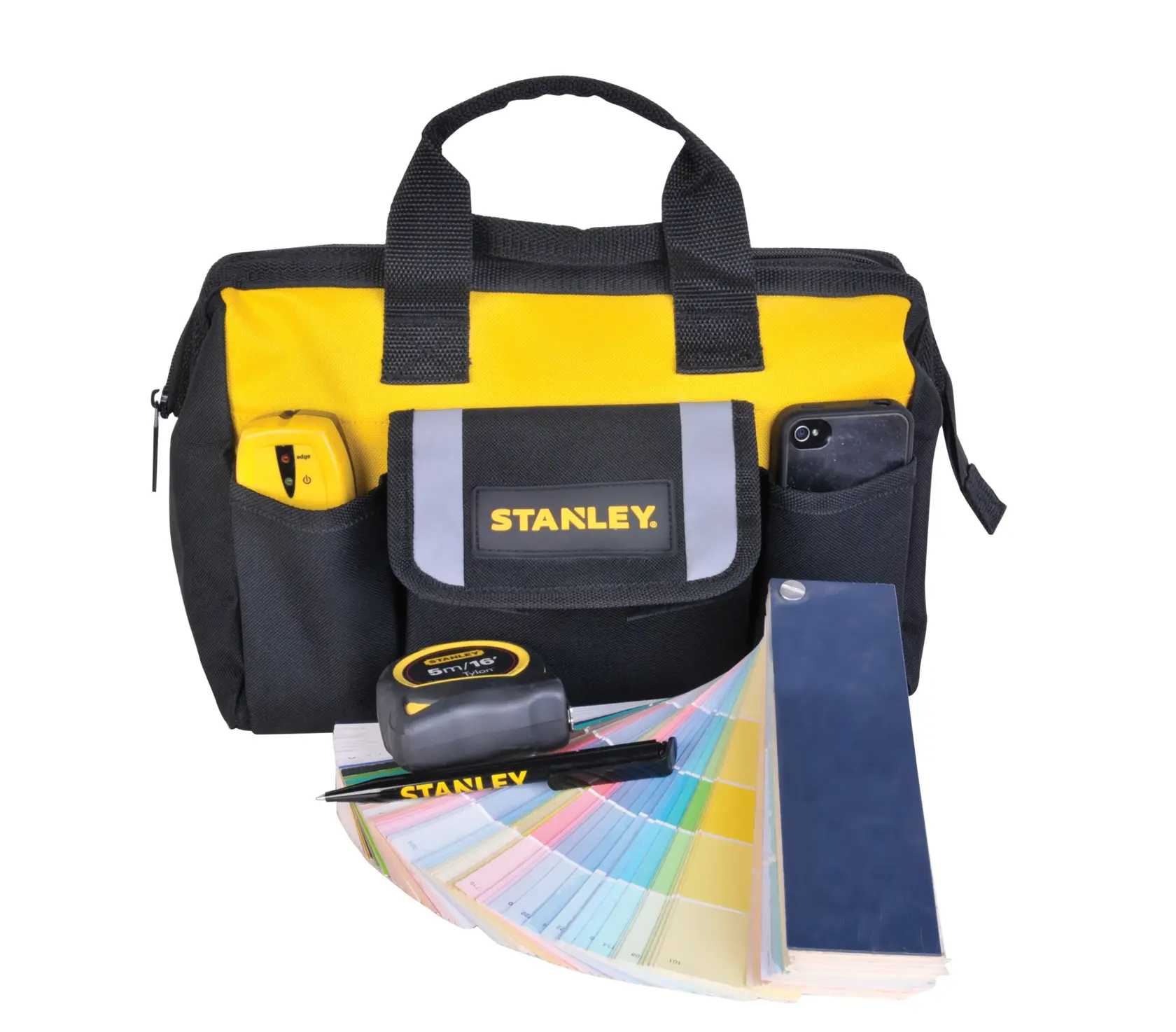 STANLEY STST512114 yellow and black tool bag with handles, tape measure, marker, and color swatches, front angle.
