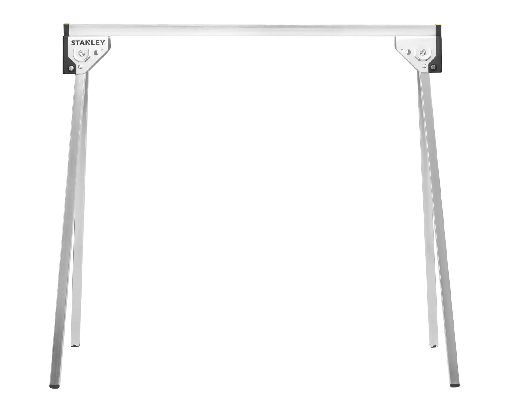 STANLEY STST81337-1 metal sawhorse, silver, front angle photography on white background.