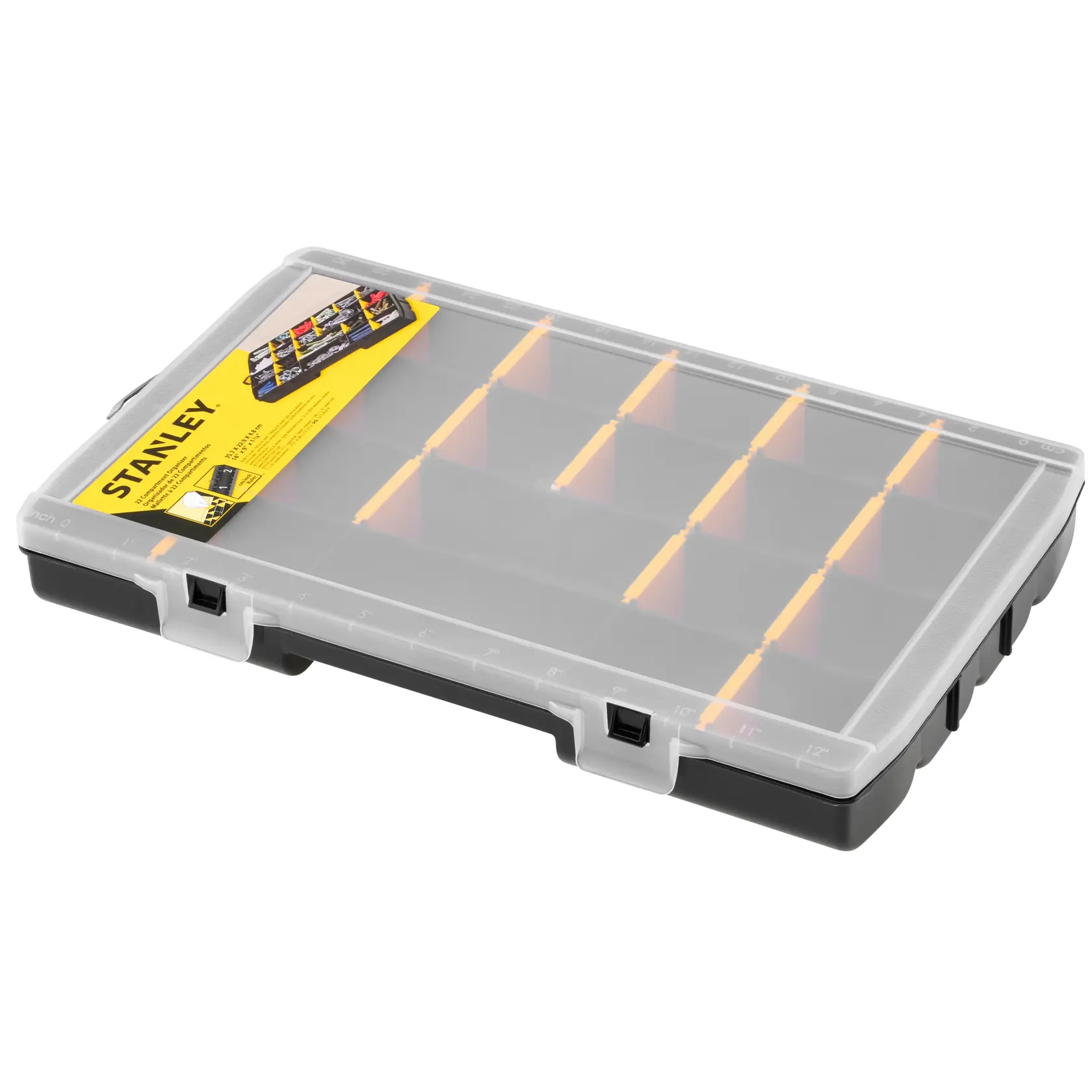 STANLEY STST81681-1 black organizer case with clear lid, orange dividers, angled product photo.