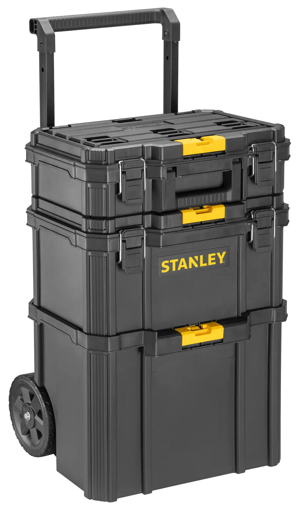 Stanley STST83319-1 rolling tool chest, black with yellow latches, front angle, photography product.